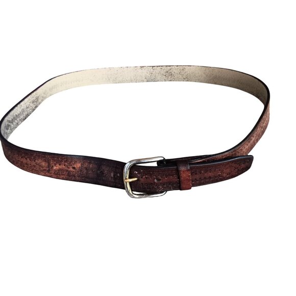 Vintage Men's Belt 42 Large Embossed Hippie Leather 1980's Distressed Beaten - Picture 2 of 6